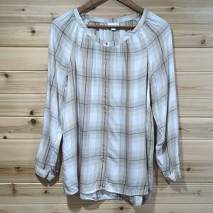 J. Jill Womens Top Medium‎ Tan Plaid Button Front Blouse